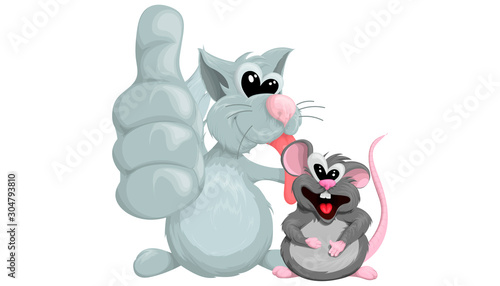 Cute cat licks joyful rat on white background. Vector illustration in cartoon style