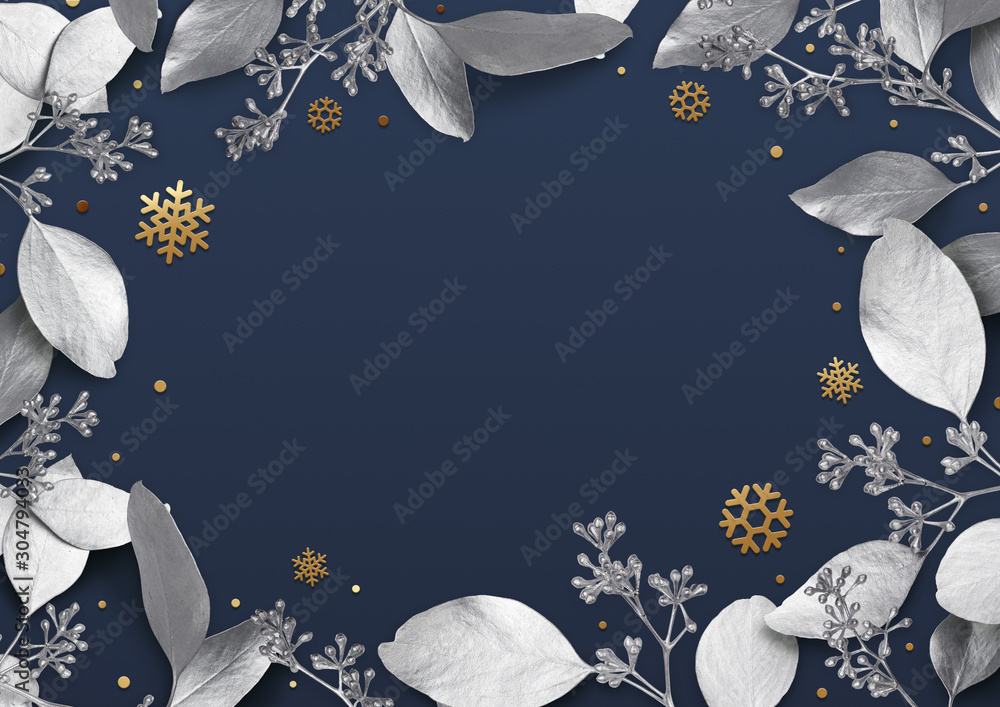 © KOSIM - Christmas holiday background. Empty place for text in a frame of silver leaves and snowflakes. Design element for Christmas and New Year cards, banners. Top view. 3d illustration. © KOSIM - Christmas holiday background. Empty place for text in a frame of silver leaves and snowflakes. Design element for Christmas and New Year cards, banners. Top view. 3d illustration.