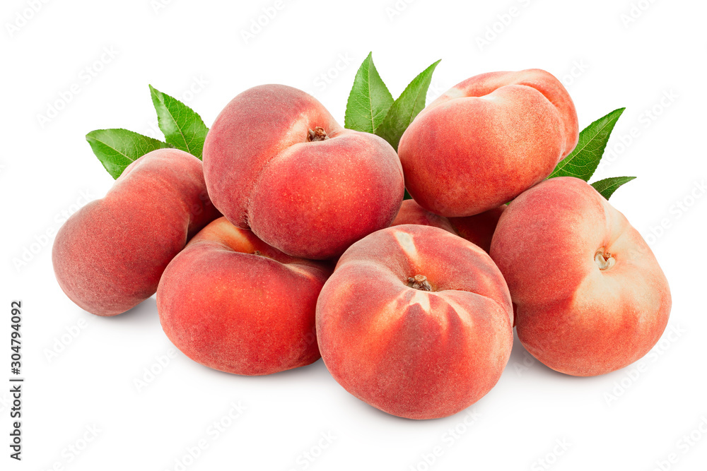 Ripe chinese flat peach fruit with leaf isolated on white background Ripe chinese flat peach fruit with leaf isolated on white background
