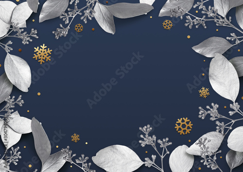 Christmas holiday background. Empty place for text in a frame of silver leaves and snowflakes. Design element for Christmas and New Year cards, banners. Top view. 3d illustration. photo