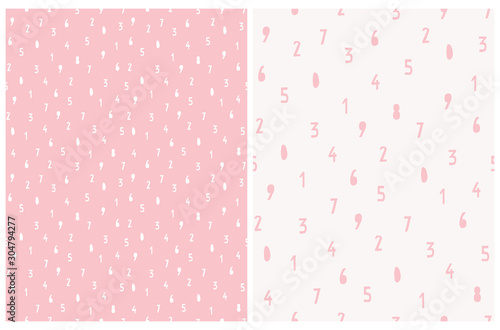Lovely Gray and Pink Numbers Seamless Vector Patterns.White Handwritten Digits Isolated on a Pink and Off-White Background.Cute Geometric Vector Print for Fabric, Cover.Tiny Figures Repeatable Layout.