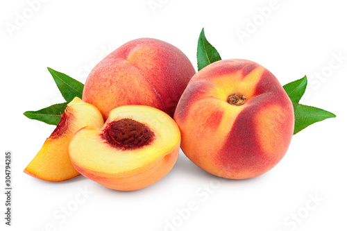 Ripe peach fruit and half with leaf isolated on white background