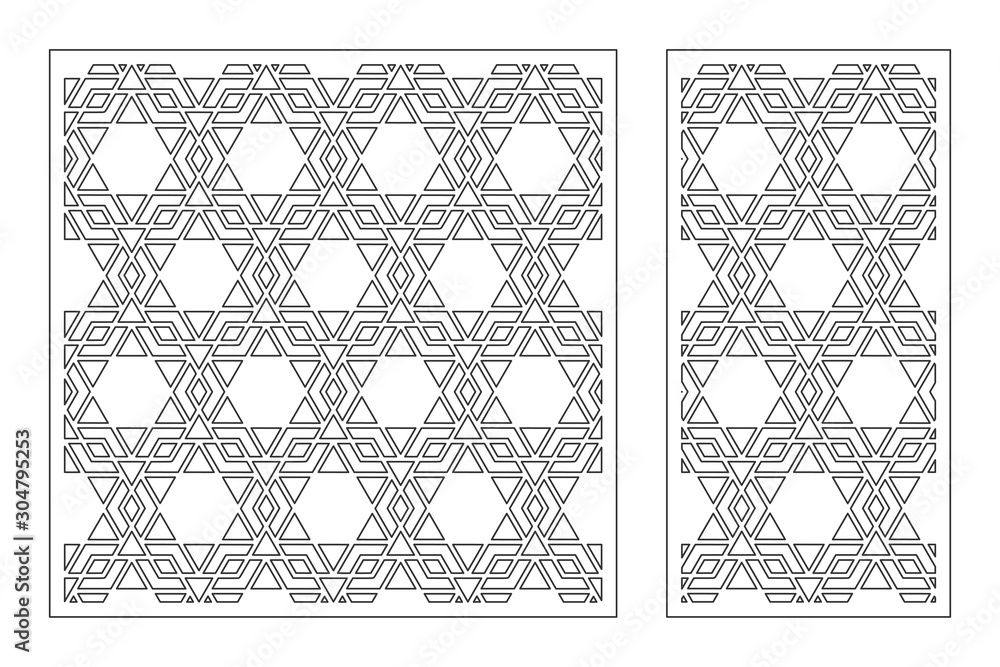 Set decorative card for cutting. Arabic geometric mosaic pattern. Laser cut. Ratio 1:1, 1:2. Vector illustration. Set decorative card for cutting. Arabic geometric mosaic pattern. Laser cut. Ratio 1:1, 1:2. Vector illustration.