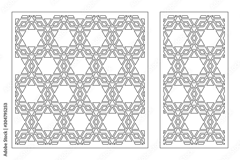 Set decorative card for cutting. Arabic geometric mosaic pattern. Laser cut. Ratio 1:1, 1:2. Vector illustration.