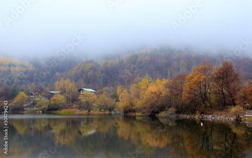 Fog over autumn forest and calm lake