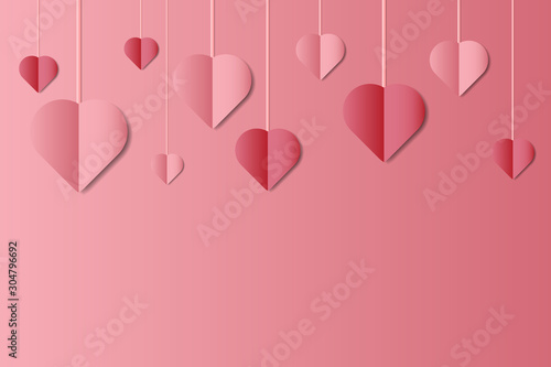 Pink and red hearts paper art style background for Valentine s day.