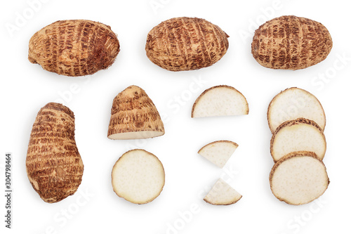 fresh taro root isolated on white background. Top view. Flat lay. Set or collection photo
