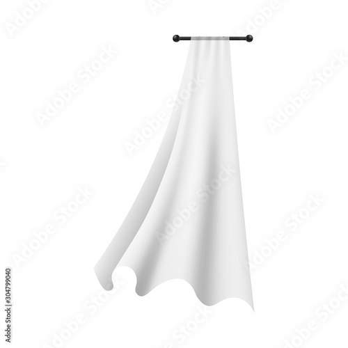White light fabric curtain blowing and fluttering realistic vector illustration mockup isolated.