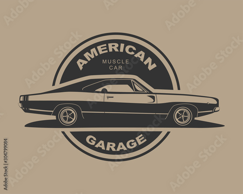 American muscle car vector. Supercar garage logo template. Old auto silhouette label.