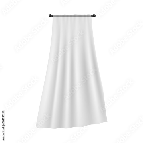 Realistic single white curtain hanging on black rod with flowing silk fabric