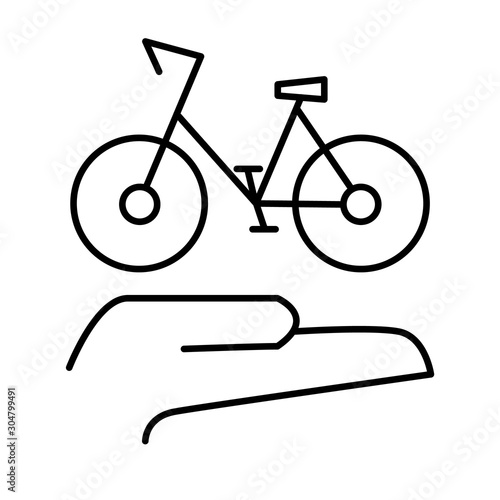 The straight palm of the hand holds a bicycle. Warranty concept, insurance on buy bikes in the store. Public cycle for personal use. Rent and share transport. Vector line icon. Editable stroke