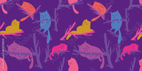 Seamless pattern with the silhouette of multi-colored cats. Cartoon style. Cats sleep on tree branches. Pink - purple color gamut. vector background
