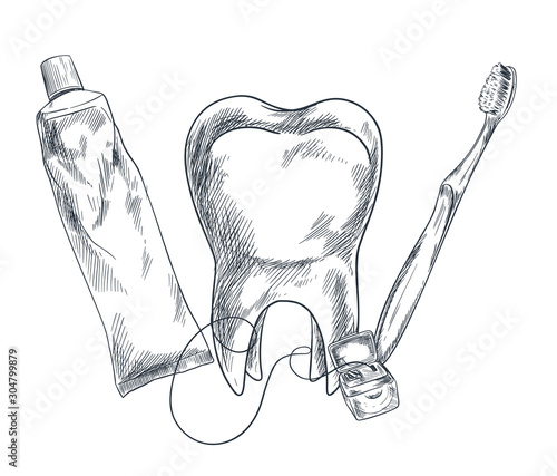 Hand drawn molar, toothpaste, toothbrush and floss
