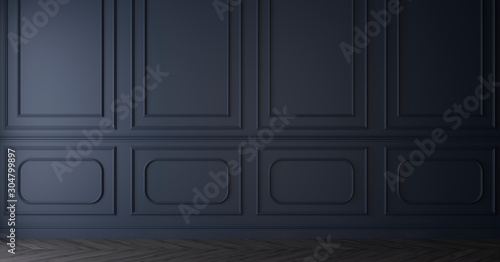 Dark blue wall with molding and wood parquet floor. 3d render © alla