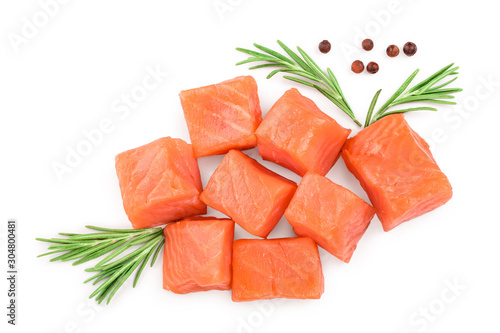 Slice of red fish salmon with rosemary isolated on white background. Top view. Flat lay