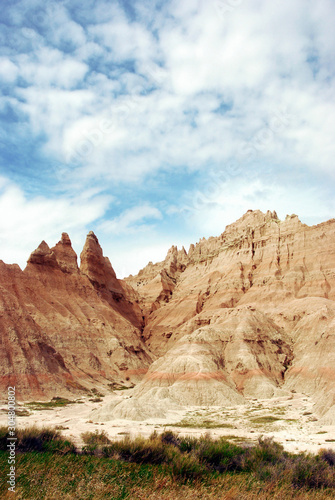 Rock formations in the desert of the Badlands National Park with vintage color toning
