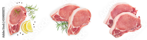 sliced raw pork meat isolated on white background. Top view. Flat lay. Set or collection photo