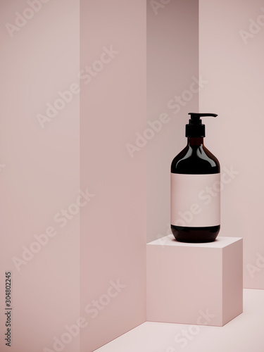 Minimal background for branding and packaging presentation. Cosmetic bottle on pink color geometric podium. 3d rendering illustration. © 3DJustincase