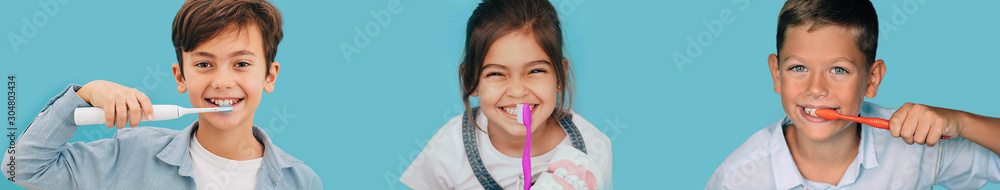 Multinational kids clean teeth with toothbrush on blue background. Cute children brushing teeth Multinational kids clean teeth with toothbrush on blue background. Cute children brushing teeth