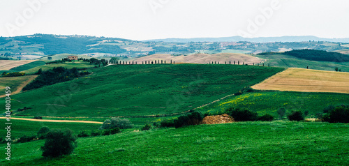 Landscape panorama from Tuscany. Panoramic view of a spring day in the Italian rural landscape.