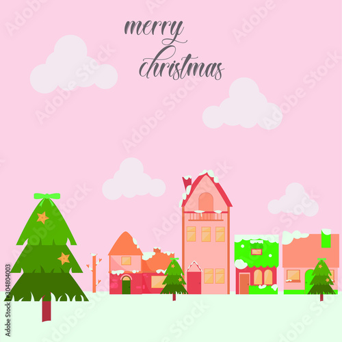 christmas town day with pink background. flat design illustration