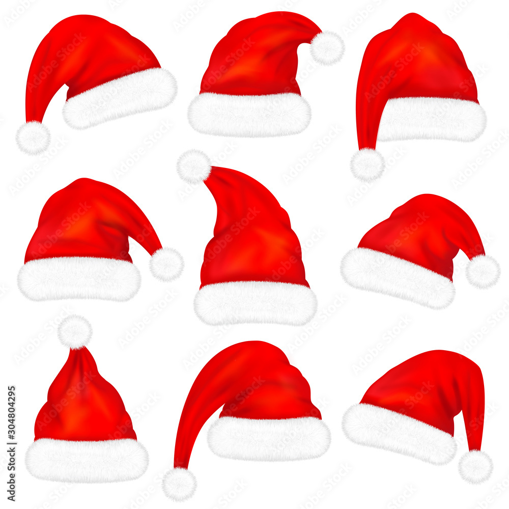 Set of red santa claus hats with fur isolated on white background. Vector illustration Set of red santa claus hats with fur isolated on white background. Vector illustration