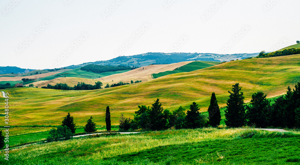 View of a autumn day in the Italian rural landscape. Unique tuscany landscape in fall time. Wave hills, cypresses trees and cloudy sky. Vintage tone filter effect.