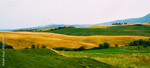 View of a autumn day in the Italian rural landscape. Unique tuscany landscape in fall time. Wave hills  cypresses trees and cloudy sky. Vintage tone filter effect.