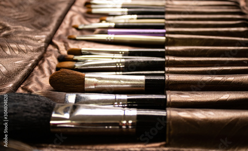 Set of multi-size makeup artist brushes laying in a line in a professional bag