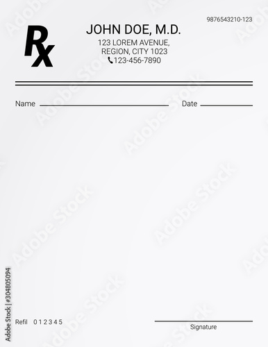 Blank Rx prescription form. Medical treatment and drugs list.
