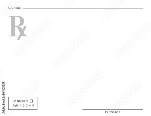 Blank Rx prescription form. Medical treatment and drugs list.