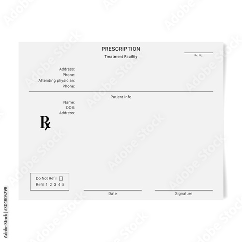 Blank Rx form for medical treatment prescription and drugs list.