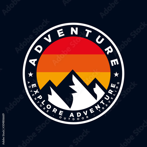 Badge Mountain logo design inspiration, Mountain illustration, outdoor adventure . Vector graphic print for t shirt and other uses. - Vector photo