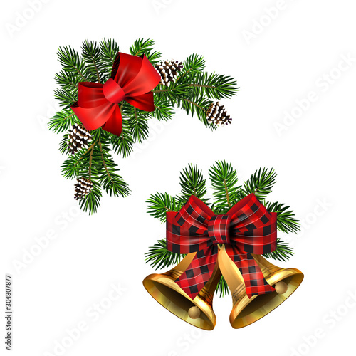 Christmas decorations with fir tree golden jingle bells