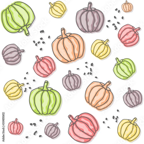 Seamless retro pattern made of pastel colored pumpkins. Scandinavian, nordic style