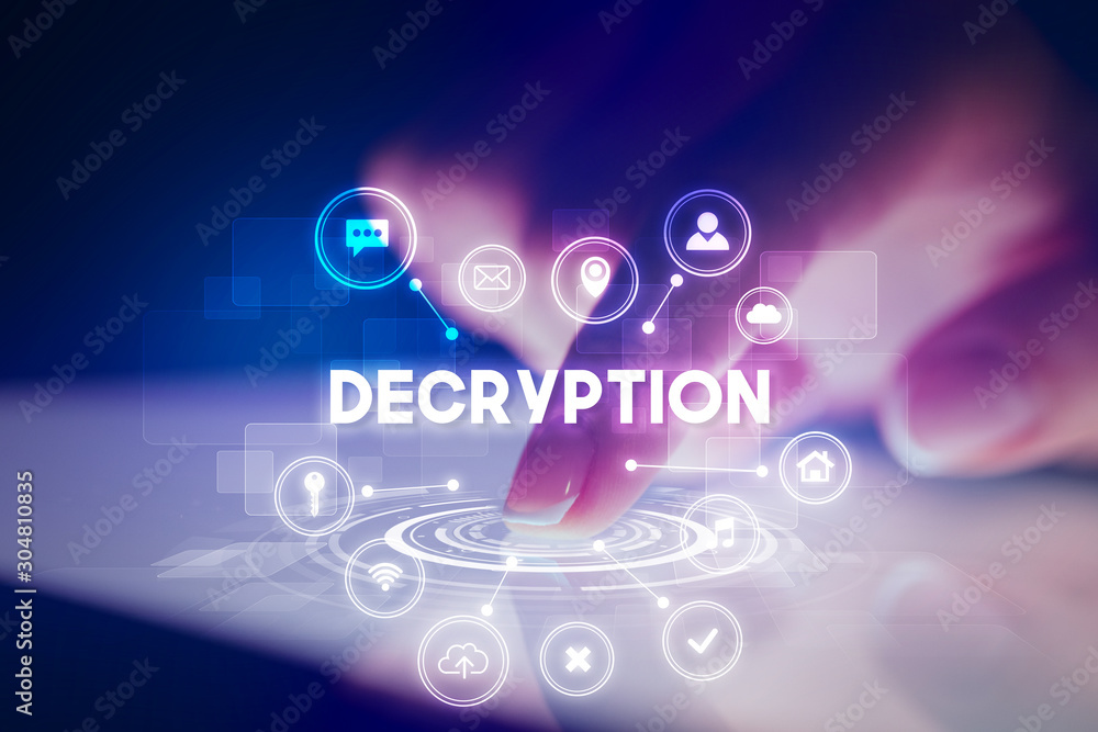 Finger touching tablet with web technology icons and DECRYPTION inscription, web technology concept Finger touching tablet with web technology icons and DECRYPTION inscription, web technology concept