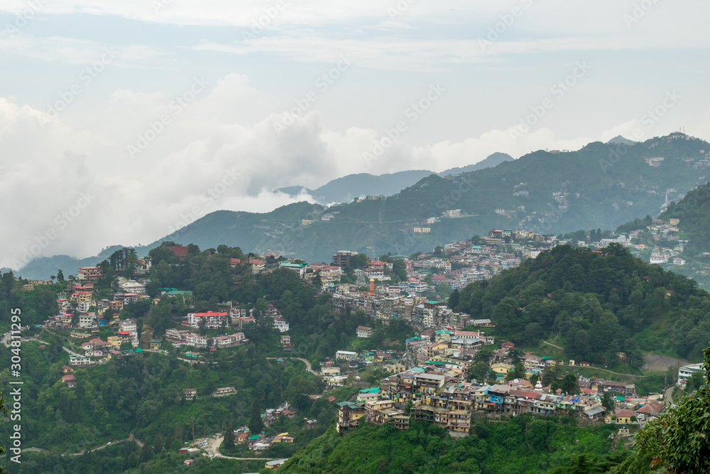 A panoramic view of the Mussoorie cityscape from Landour, Uttarakhand, India