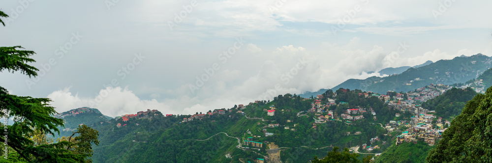 A panoramic view of the Mussoorie cityscape from Landour, Uttarakhand, India