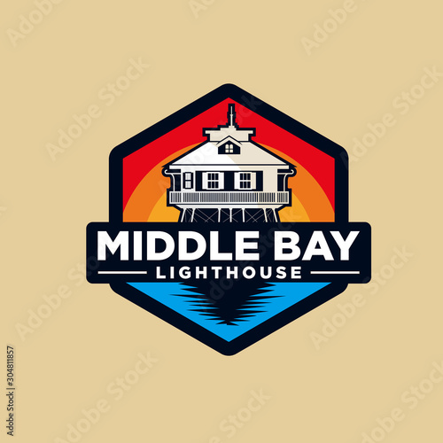 Badge Middle bay Lighthouse Logo design inspiration vector, Vector graphic print for t shirt and other uses. - Vector