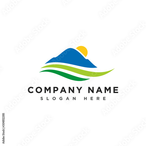 Mountains and river logo, mountains hill landscape logo, farm land icon, logotype vector template