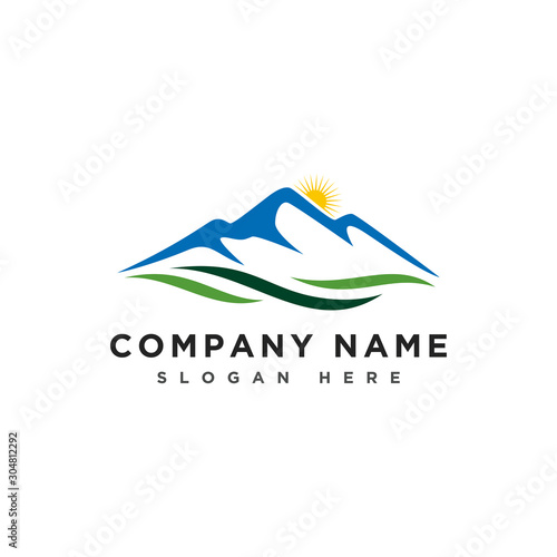 Mountains and river logo, mountains hill landscape logo, farm land icon, logotype vector template