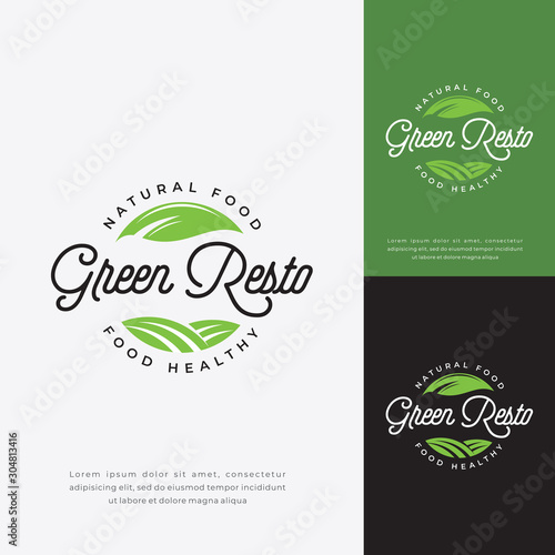 Green restaurant logo, fresh food restaurant badge logo vector, restaurant label