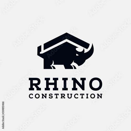 Rhino construction logo vector, Rhino with a roof of home, house, logotype, icon vector