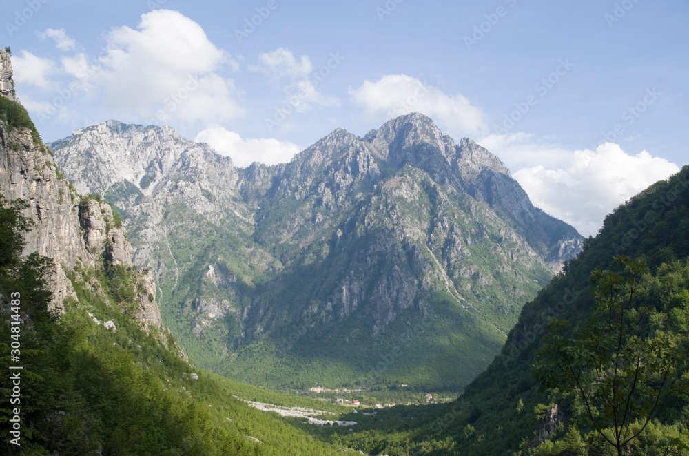 View of green valley Theth in Valbona Valley National Park,  Albania, Europe