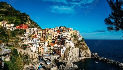 Manarola typical Italian village in National park Cinque Terre  colorful multi colored buildings houses on rock cliff  fishing boats on water  blue sky background  Liguria  Italy