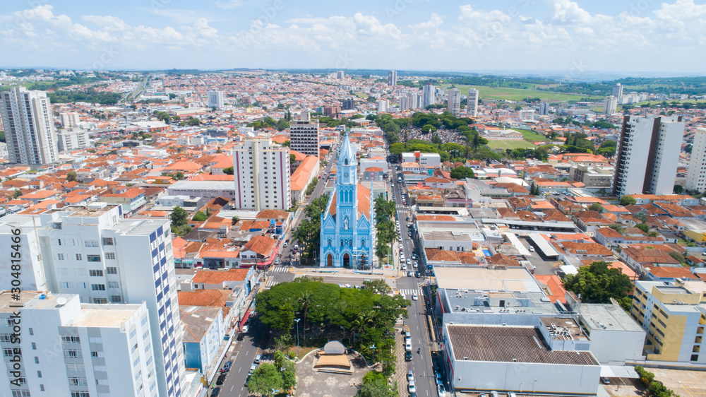 Aerial view of Franca city, mother church. Brazil.