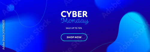 Vector fluid gradient cyber monday sale web horizontal top banner template. Text with button shop now on blue wavy background. Design element for advertisment, poster, greeting card.
