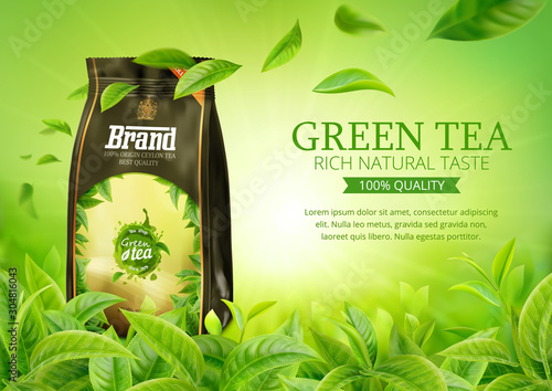 3d realistic vector horizontal banner, nature, tea plantation, green tea garden background with tea packaging and flying leaves  for your design, ads