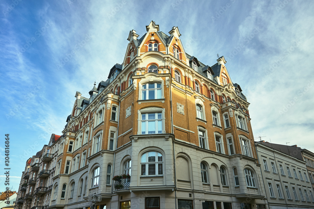 Art Nouveau facade of the historic building  in Poznan.