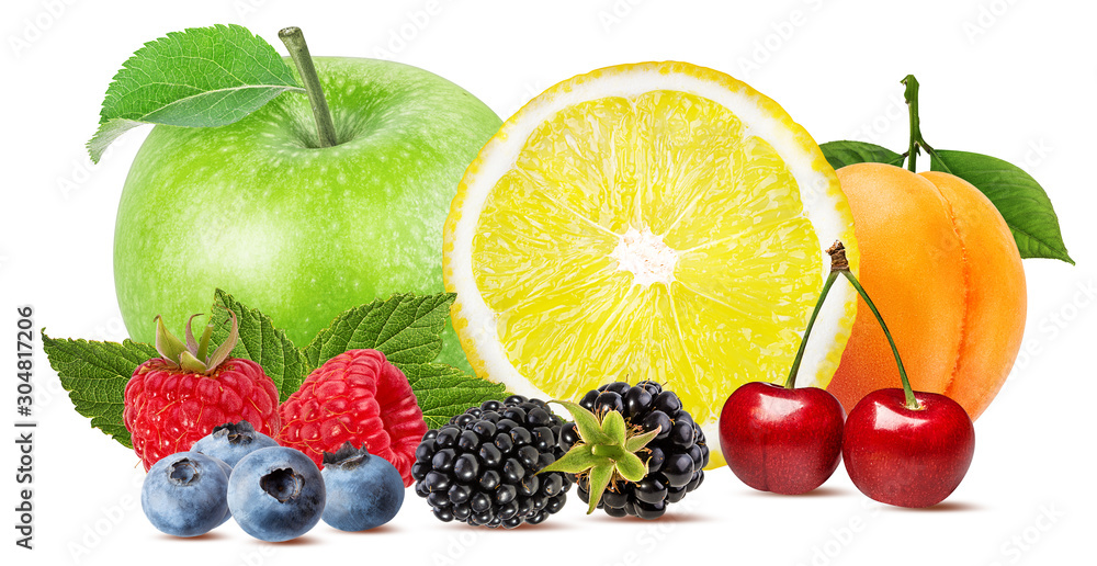 Collage of fresh fruits and berries isolated on white background with clipping path Collage of fresh fruits and berries isolated on white background with clipping path